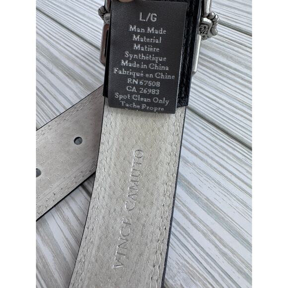 Vince Camuto belt large western ornate silver tone buckle vegan black leather